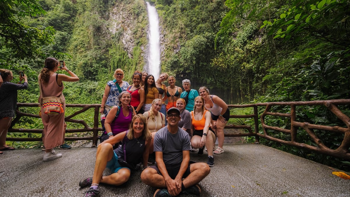 Group on waterfall hike in Costa Rica.