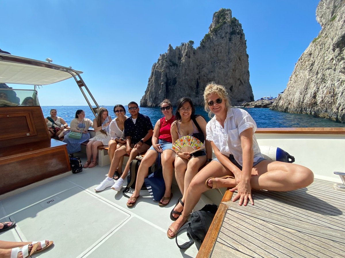 Group on boat tour on the Amalfi Coast in Southern Italy.